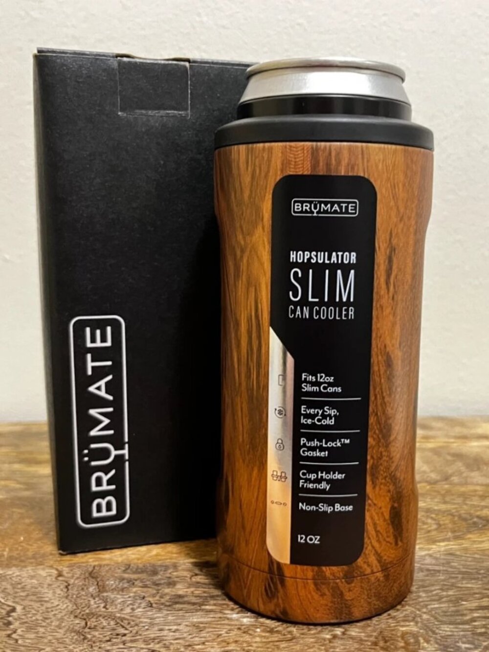Brumate 12 oz Walnut Hopsulator Slim Can Cooler Tumbler Drink Holder Woodgrain